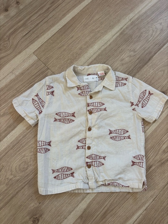Zara Other - Zara Kids Cream Button-Front Shirt with Red Fish Print